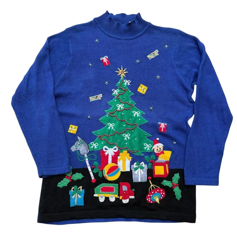 VTG Ugly Christmas Sweater‎ Lg Blue Tree Presents Oversized Ramie Holiday Granny